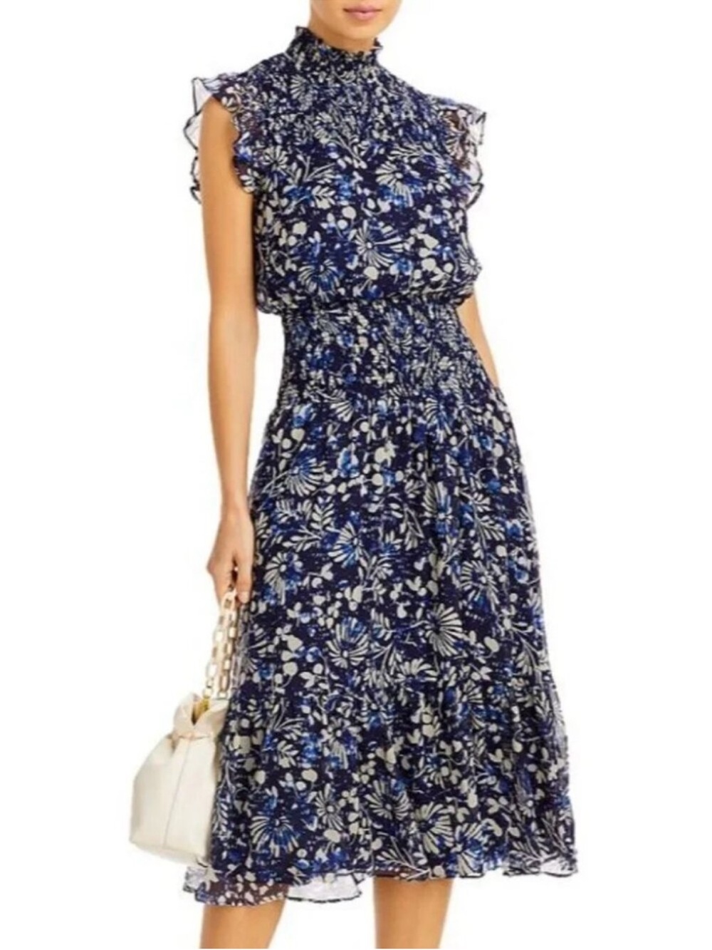 AQUA Floral Smocked Tiered Chiffon Midi Dress